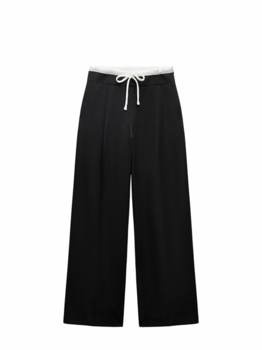 Zara Black Wide-Leg Drawstring Pants with White Waist